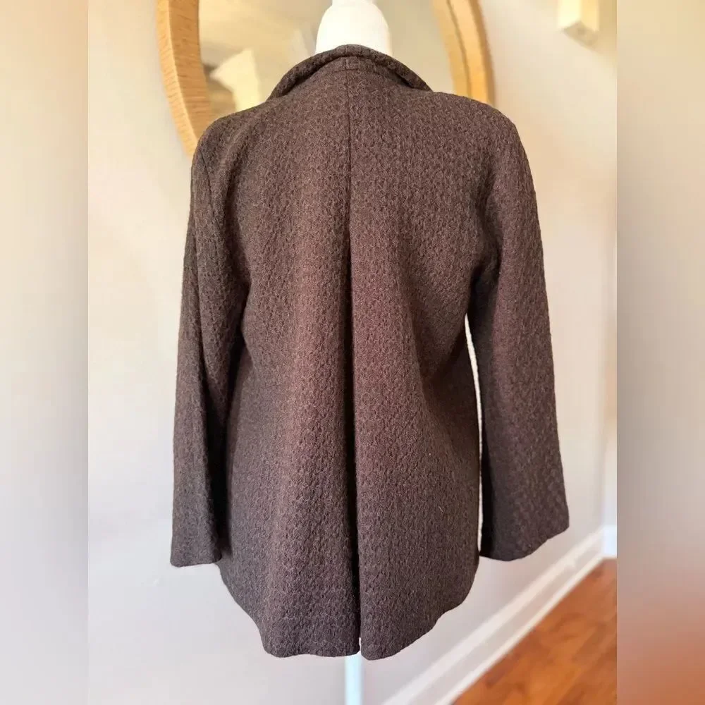 Eileen Fisher 100% Wool Open Front Chocolate Brown Cardigan Size Small